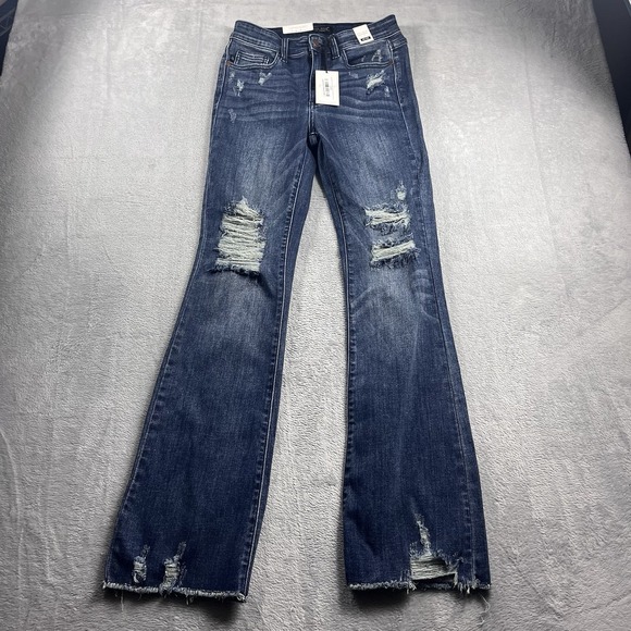 Judy Blue Jeans Womens 3/26 Blue Five Star Mid Rise Slim Bootcut Distressed NWT - Picture 1 of 12